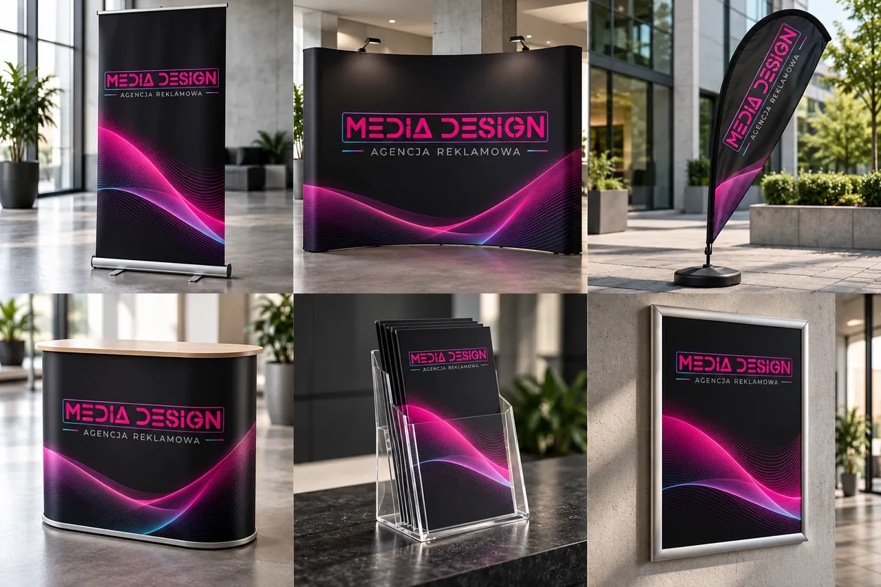 Roll-up, ścianka, flaga, lada, stojak na ulotki i ramka na plakat z logo Media Design – wizualizacja