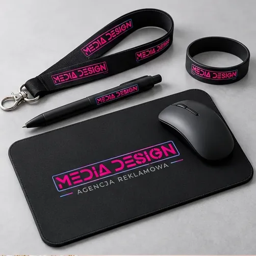 Gadżety reklamowe — autorska wizualizacja z logo Media Design